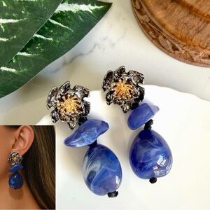 2/$30🌵 Gold Silver Flower Blue Stone Vintage Style Earrings Floral Jewelry NEW